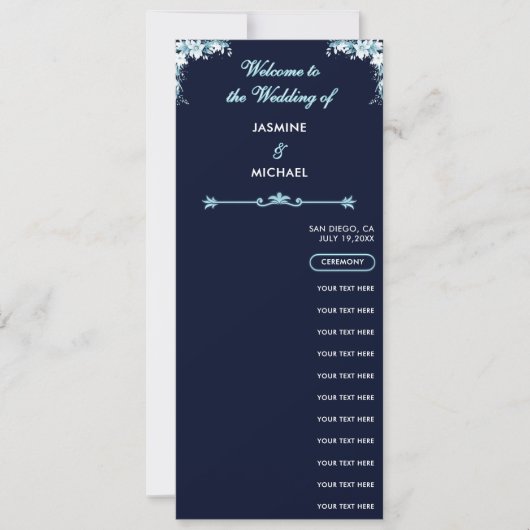 Dusty Light Blue Floral Navy Boho Wedding Program (Voorkant)