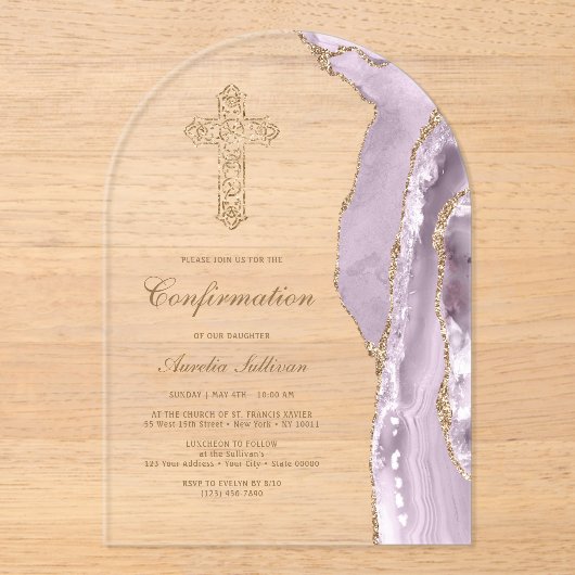 Dusty Lila Agaat Confirmation Acryl Uitnodigingen (Voorkant)