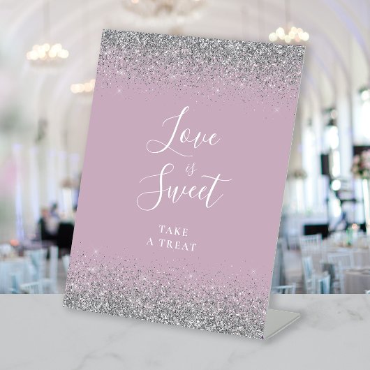 Dusty Lila Silver Glitter Wedding Love Is Sweet Reclamebord Met Voetstuk