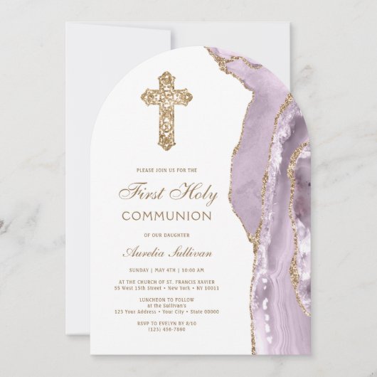 Dusty Lilac Agate First Communion Invitation Kaart (Voorkant)