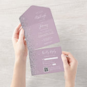 Dusty Lilac Silver Glitter QR Code Wedding All In One Uitnodiging (Afscheurbaar)
