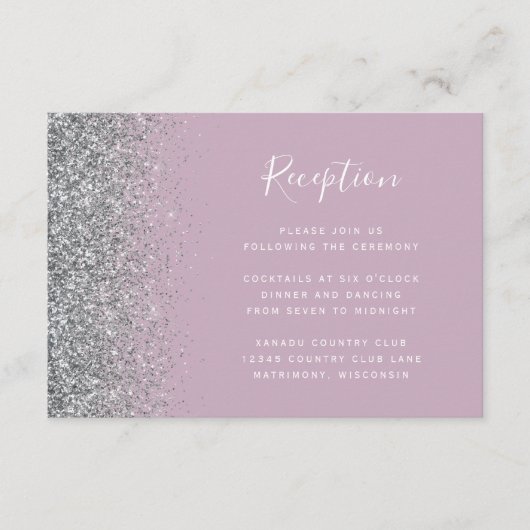 Dusty Lilac Silver Glitter Wedding Reception Informatiekaartje (Voorkant)
