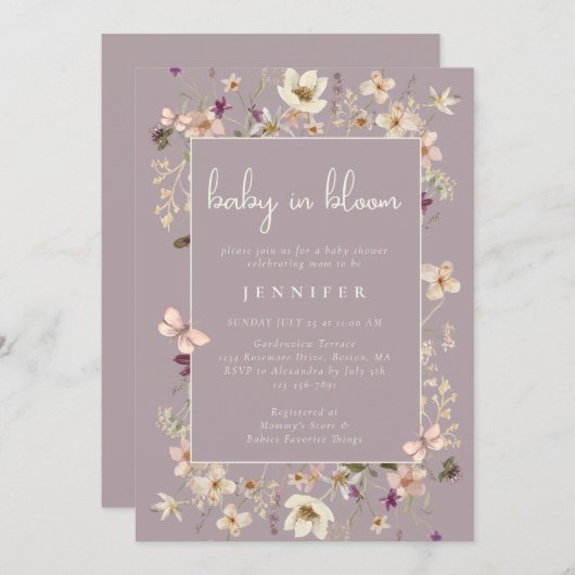 Dusty Mauve Baby in Bloom Wildflower Baby shower Kaart (Voorkant / Achterkant)