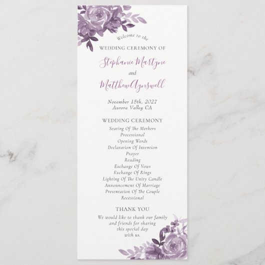 Dusty Mauve Bloemen Rozen Waterverf Bruiloft Programmakaart (Voorkant)