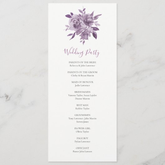Dusty Mauve Bloemen Rozen Waterverf Bruiloft Programmakaart (Achterkant)