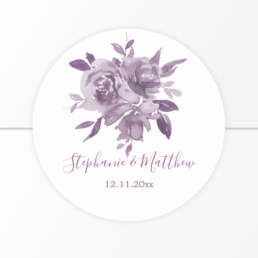Dusty Mauve Bloemen Rozen Waterverf Bruiloft Ronde Sticker