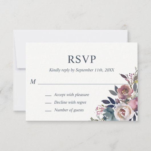 Dusty Mauve Blue Waterverf Floral RSVP Wedding (Voorkant)