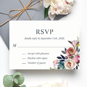 Dusty Mauve Blue Waterverf Floral RSVP Wedding Kaartje