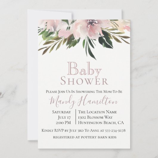 Dusty Mauve Botanical Baby shower Invitation Kaart (Voorkant)