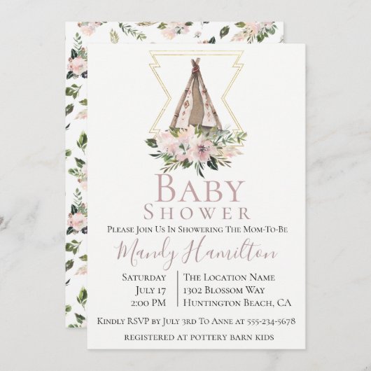 Dusty Mauve Botanical Boho Baby shower Invitation Kaart (Voorkant / Achterkant)