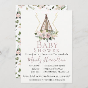 Dusty Mauve Botanical Boho Baby shower Invitation Kaart