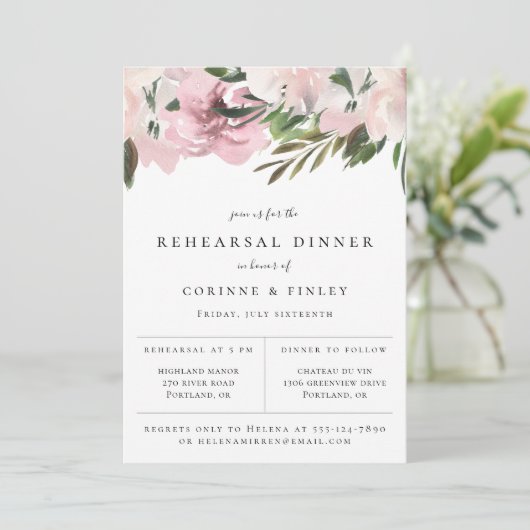 Dusty Mauve Botanical Rehearsal Dinner Aankondiging (Staand voorkant)
