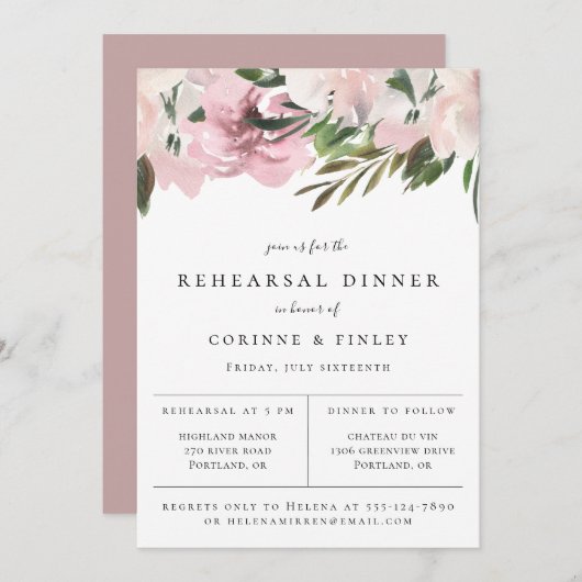 Dusty Mauve Botanical Rehearsal Dinner Aankondiging (Voorkant / Achterkant)
