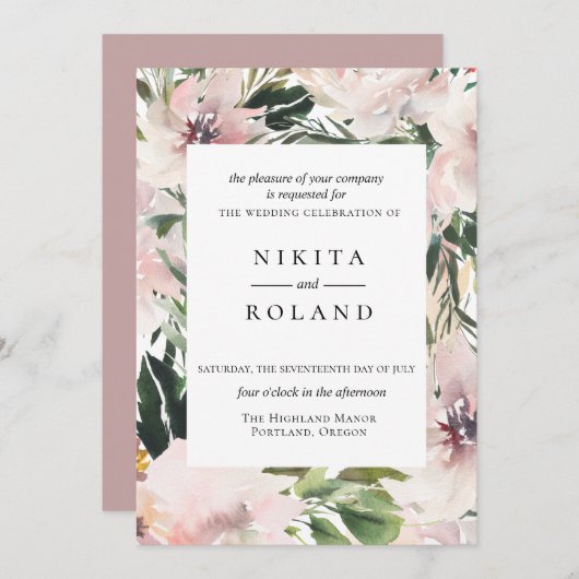 Dusty Mauve Botanical Wedding Invitation Kaart (Voorkant / Achterkant)