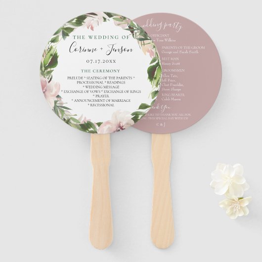 Dusty Mauve Botanical Wedding Program Hand Fans Handwaaier (Voorkant en achterkant)