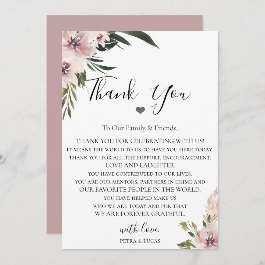 Dusty Mauve Floral bruiloft receptie dank u Bedankkaart (Voorkant / Achterkant)