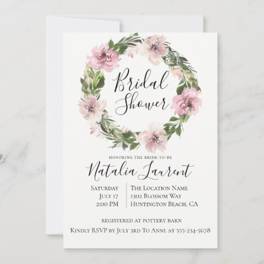 Dusty Mauve Floral krans bruids douche uitnodiging (Voorkant)