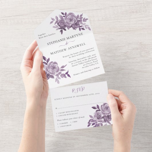 Dusty Mauve Floral Rozen Foliage Wedding All In One Uitnodiging (Afscheurbaar)