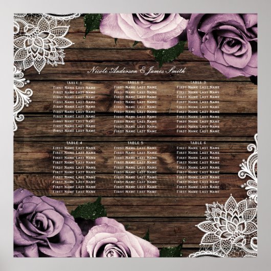 Dusty Mauve Floral Rozen Rustic Wood Seating Chart Poster (Voorkant)