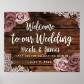 Dusty Mauve Floral Rozen Rustic Wood Wedding Poster (Voorkant)