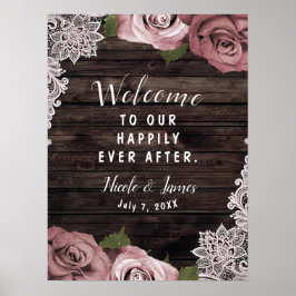 Dusty Mauve Floral Rozen Rustic Wood Wedding Poster
