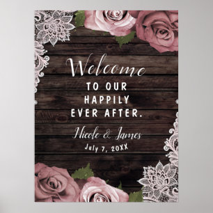 Dusty Mauve Floral Rozen Rustic Wood Wedding Poster