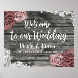 Dusty Mauve Floral Rozen Rustic Wood Wedding Poster