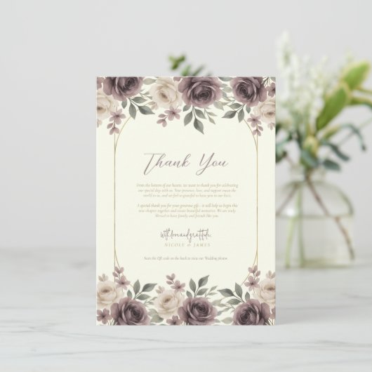 Dusty Mauve & Ivory Bloom Botanical Bedankt Kaart (Staand voorkant)