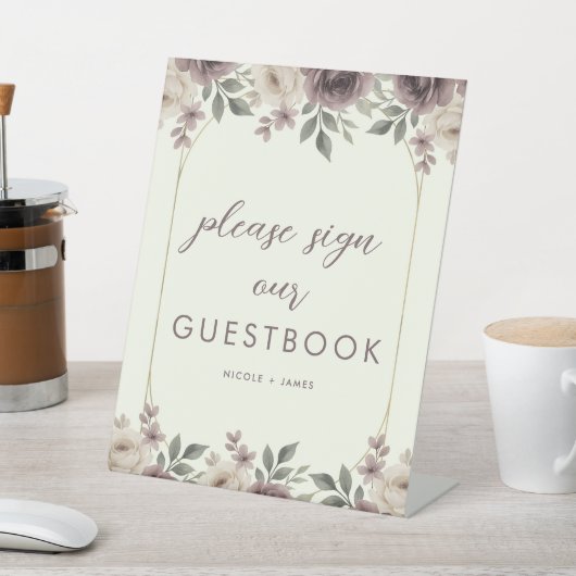 Dusty Mauve & Ivory Bloom Botanical Guestbook Sign Reclamebord Met Voetstuk (Insitu)