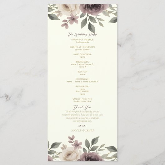 Dusty Mauve Ivory Bloom Botanical Wedding Program Menu (Achterkant)
