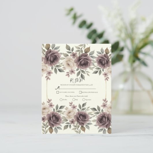 Dusty Mauve & Ivory Bloom Botanical Wedding RSVP Kaart (Staand voorkant)