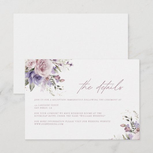Dusty Mauve & Lavendel Bruiloft Details Kaart (Voorkant / Achterkant)