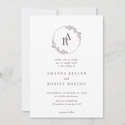 Dusty Mauve Monogram Huwelijksuitnodiging Kaart (Voorkant)