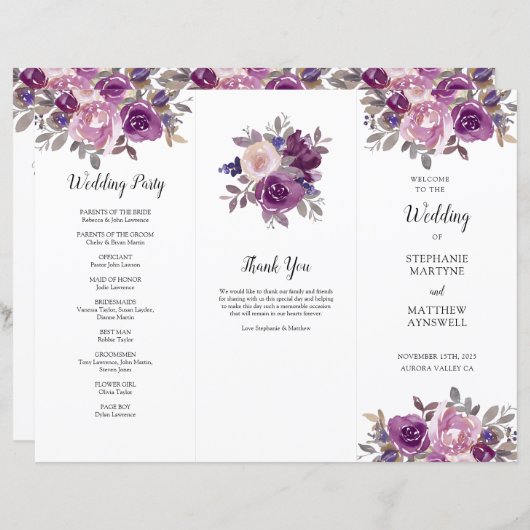 Dusty Mauve Paars Blush Floral Order of Service (Voorkant / Achterkant)