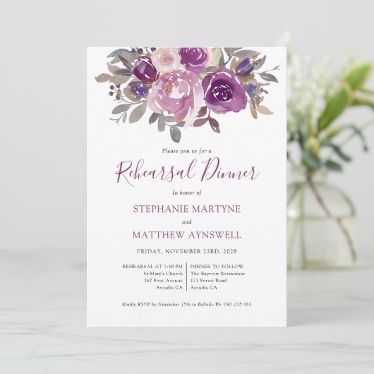Dusty Mauve Paars Roos Botanical Rehearings Dinner Kaart (Staand voorkant)