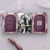 Dusty Mauve Paarse Bloemenboog QR Code Bruiloft Drieluik Uitnodiging