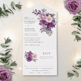 Dusty Mauve Paarse Blush Floral Wedding All In One Uitnodiging