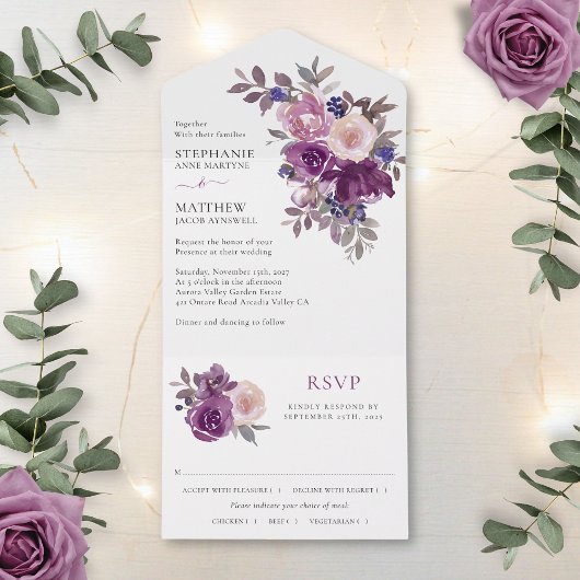 Dusty Mauve Paarse Blush Floral Wedding All In One Uitnodiging