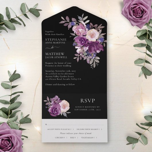 Dusty Mauve Paarse Blush Floral Wedding Black All In One Uitnodiging