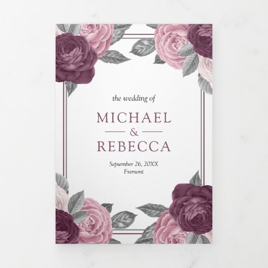 Dusty Mauve Paarse Roze Rose QR Code Bruiloft Drieluik Uitnodiging (Cover)