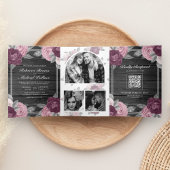 Dusty Mauve Paarse Roze Rose QR Code Hout Bruiloft Drieluik Uitnodiging