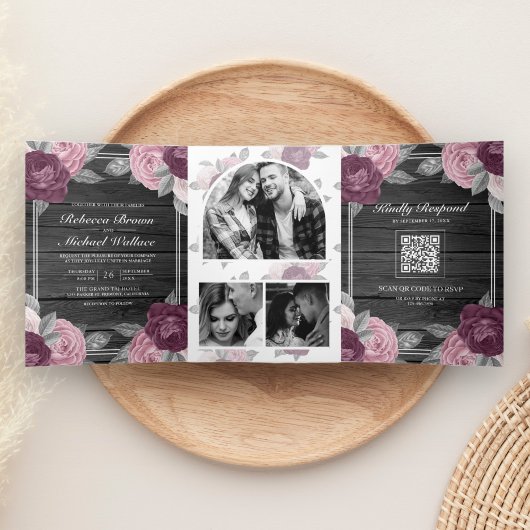 Dusty Mauve Paarse Roze Rose QR Code Hout Bruiloft Drieluik Uitnodiging