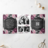 Dusty Mauve Paarse Roze Rose QR Code Hout Bruiloft Drieluik Uitnodiging (Binnen)