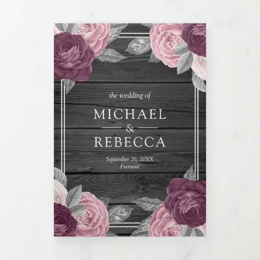 Dusty Mauve Paarse Roze Rose QR Code Hout Bruiloft Drieluik Uitnodiging (Cover)