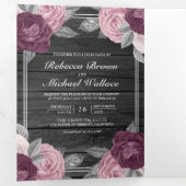 Dusty Mauve Paarse Roze Rose QR Code Hout Bruiloft Drieluik Uitnodiging (Binnenzijde eerst)