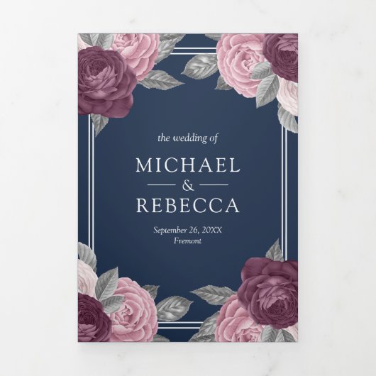 Dusty Mauve Paarse Roze Rose QR Code Marine Bruilo Drieluik Uitnodiging (Cover)