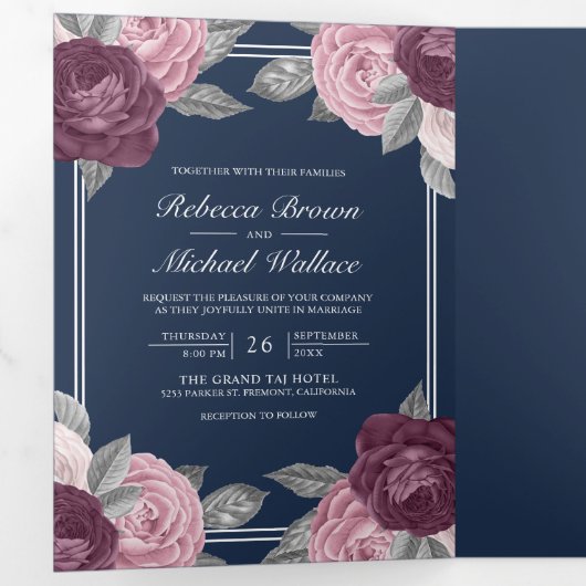 Dusty Mauve Paarse Roze Rose QR Code Marine Bruilo Drieluik Uitnodiging (Binnenzijde eerst)