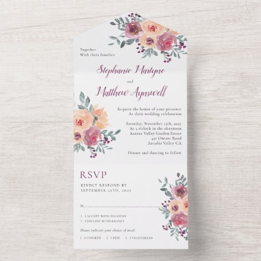 Dusty Mauve Peach Blush Floral Wedding All In One Uitnodiging (Binnen)