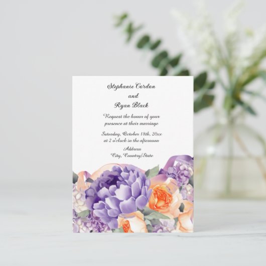 Dusty Mauve Peach Peony bruiloft uitnodiging (Staand voorkant)