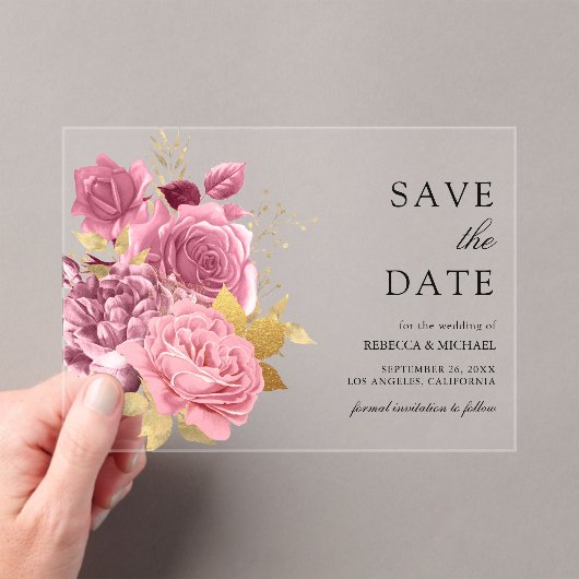 Dusty Mauve Pink Floral Gold Wedding Save the Date Acryl Uitnodigingen (Insitu (Draagbaar))